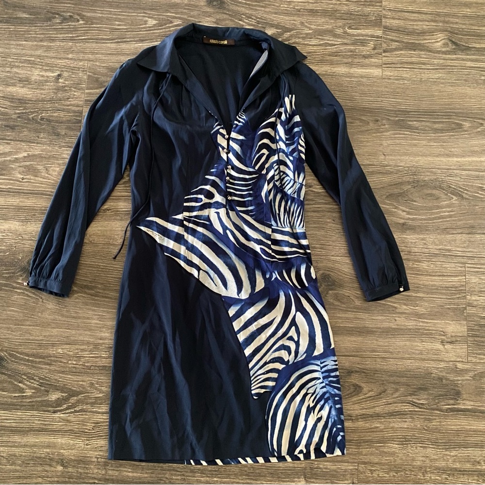 Roberto Cavalli Navy Blue and White Long Sleeve Dress
